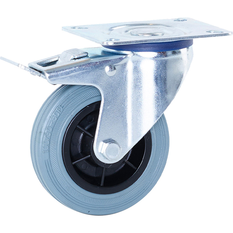 Zwenkwiel rubber met rem 100mm - 75kg draagvermogen