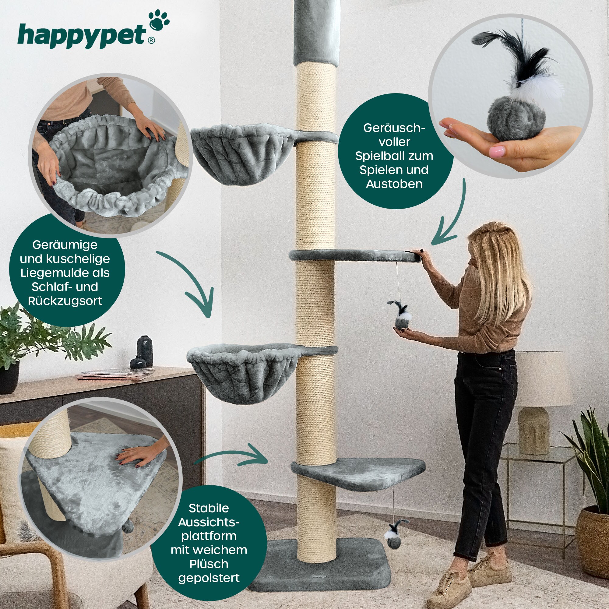 HAPPYPET Kratzbaum Grosse Katzen Stabil XXL Deckenhoch, 250 bis 275 cm | Grau Basic