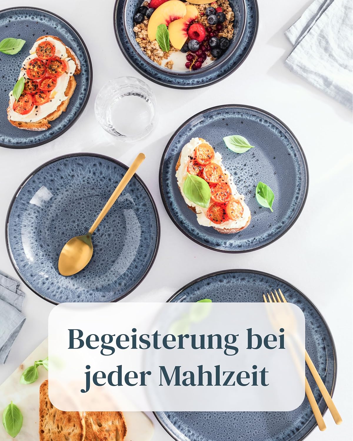 Steingut Geschirrset 12 Personen Ibiza 36 tlg. TESTSIEGER, Traumhaftes Mediterranes Steingut Geschirr Set, Schüssel- und Teller Set, Tafelservice 12 Personen, Geschirrsets Pure Living in Rauchblau