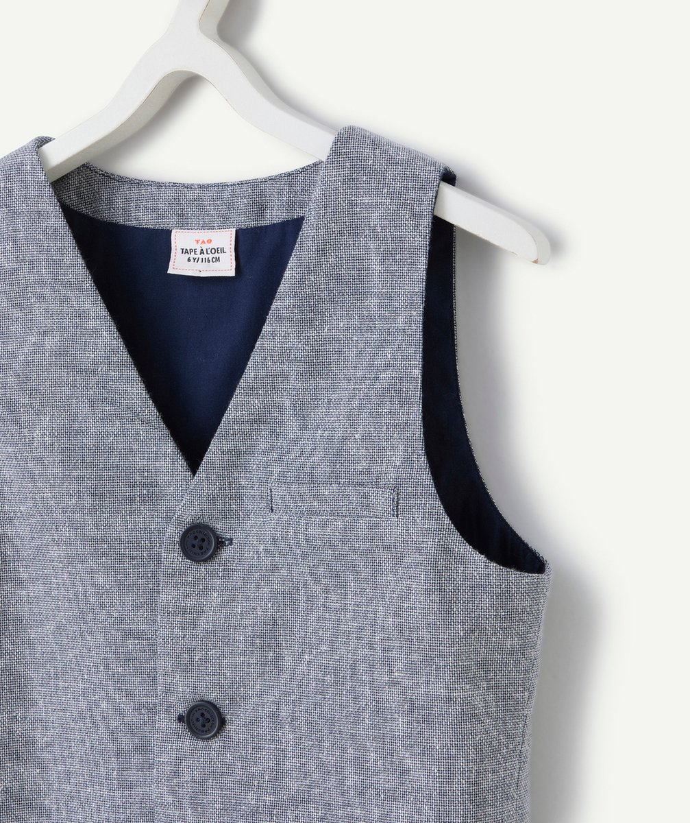 veste sans manches garçon bleu et blanc avec boutons