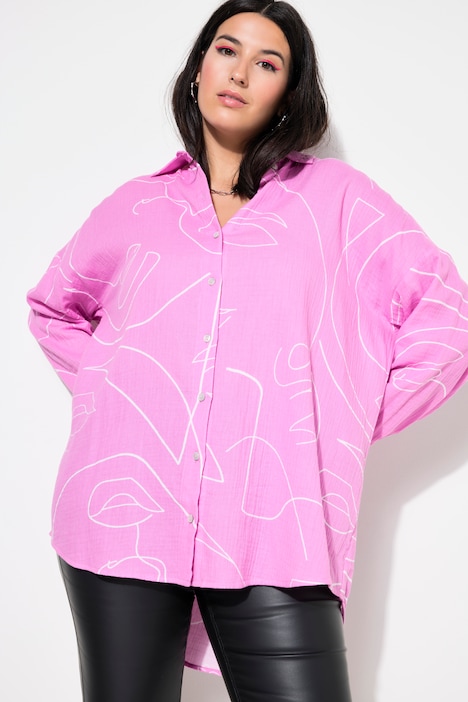 Hemdbluse, oversized, Musselin, Print, Langarm