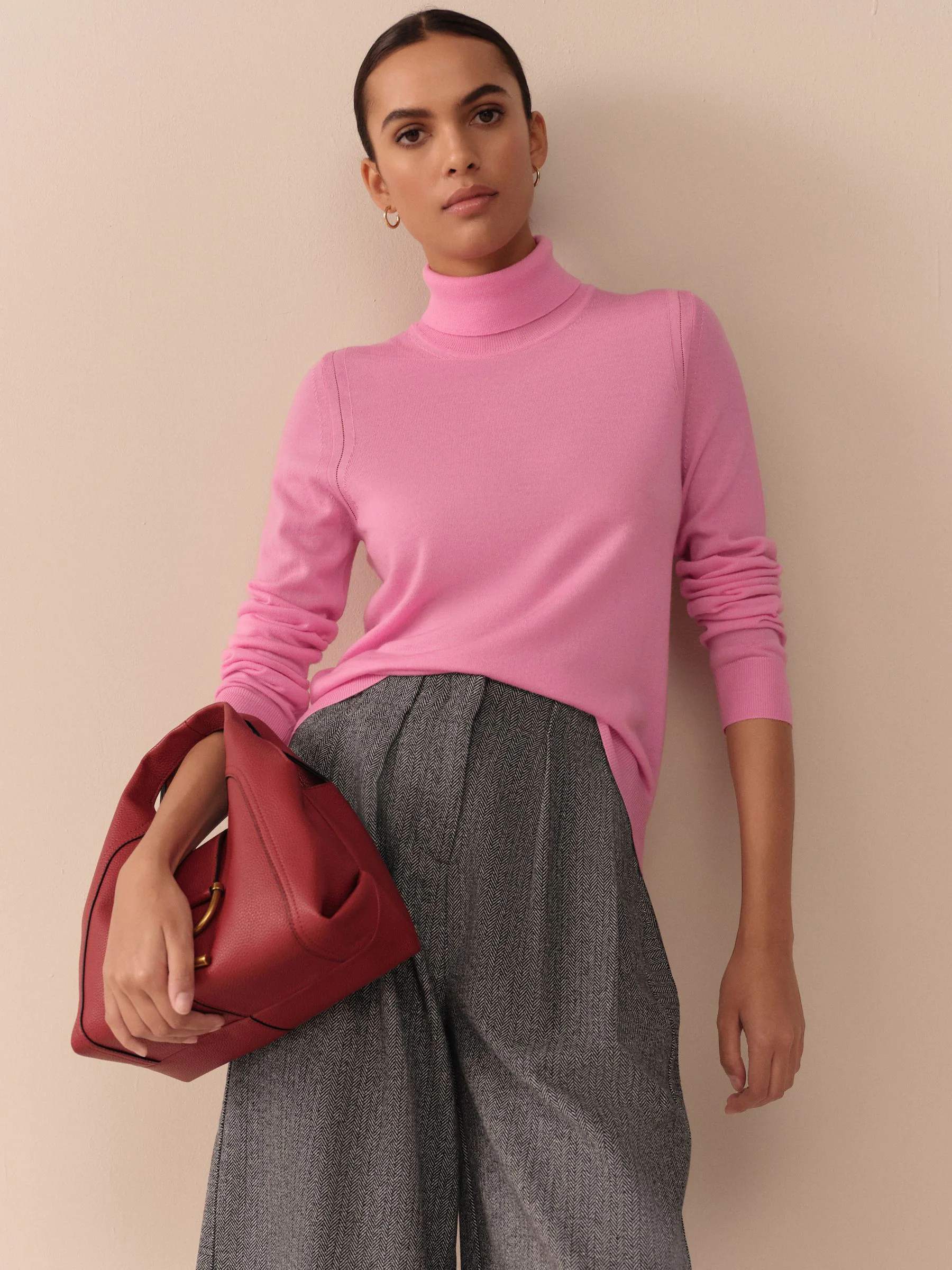 Roze - 100% Merinowollen N.Premium trui met rolkraag
