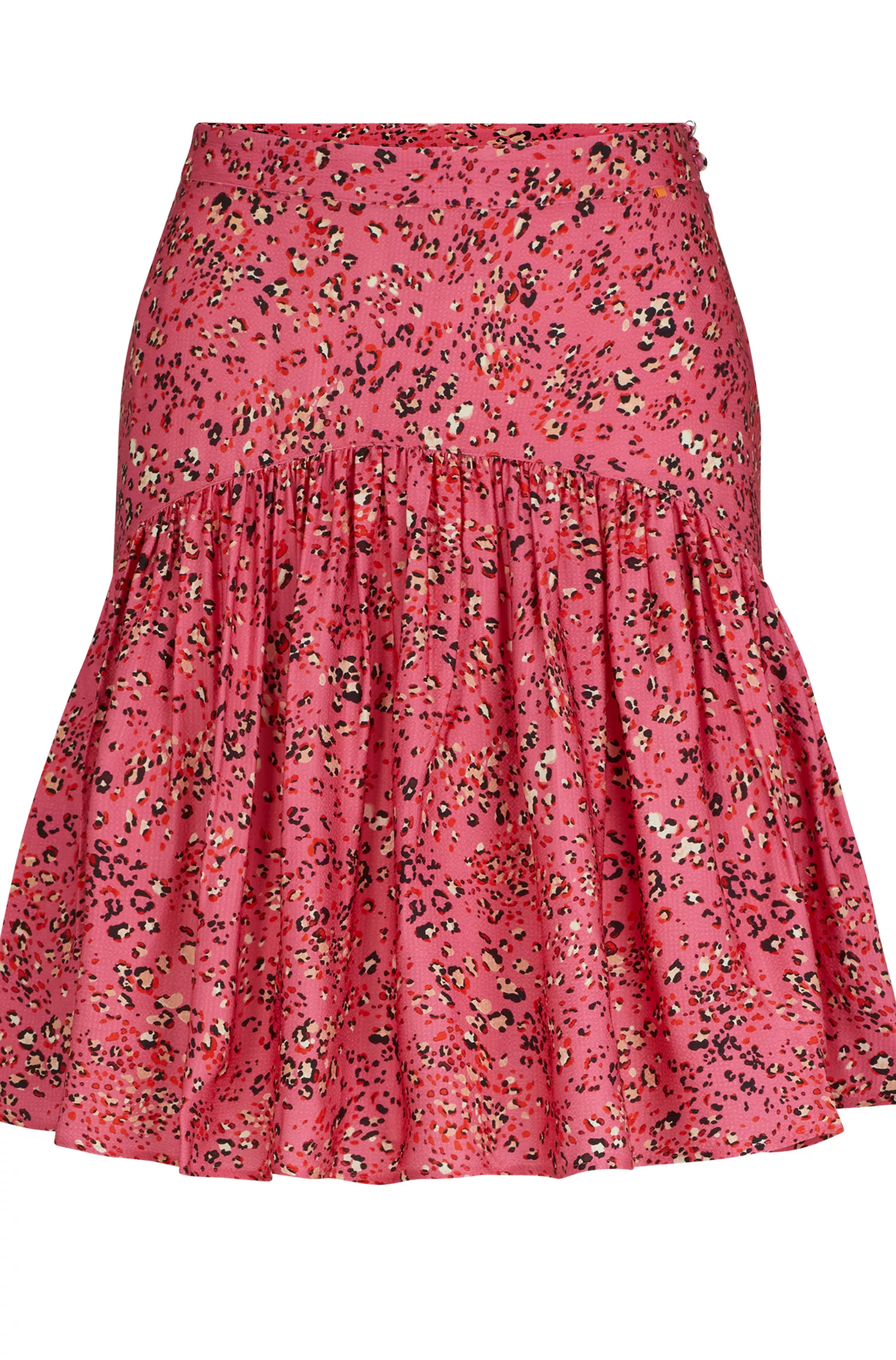Minissaia BOSS preta com babados na barra e estampa floral.