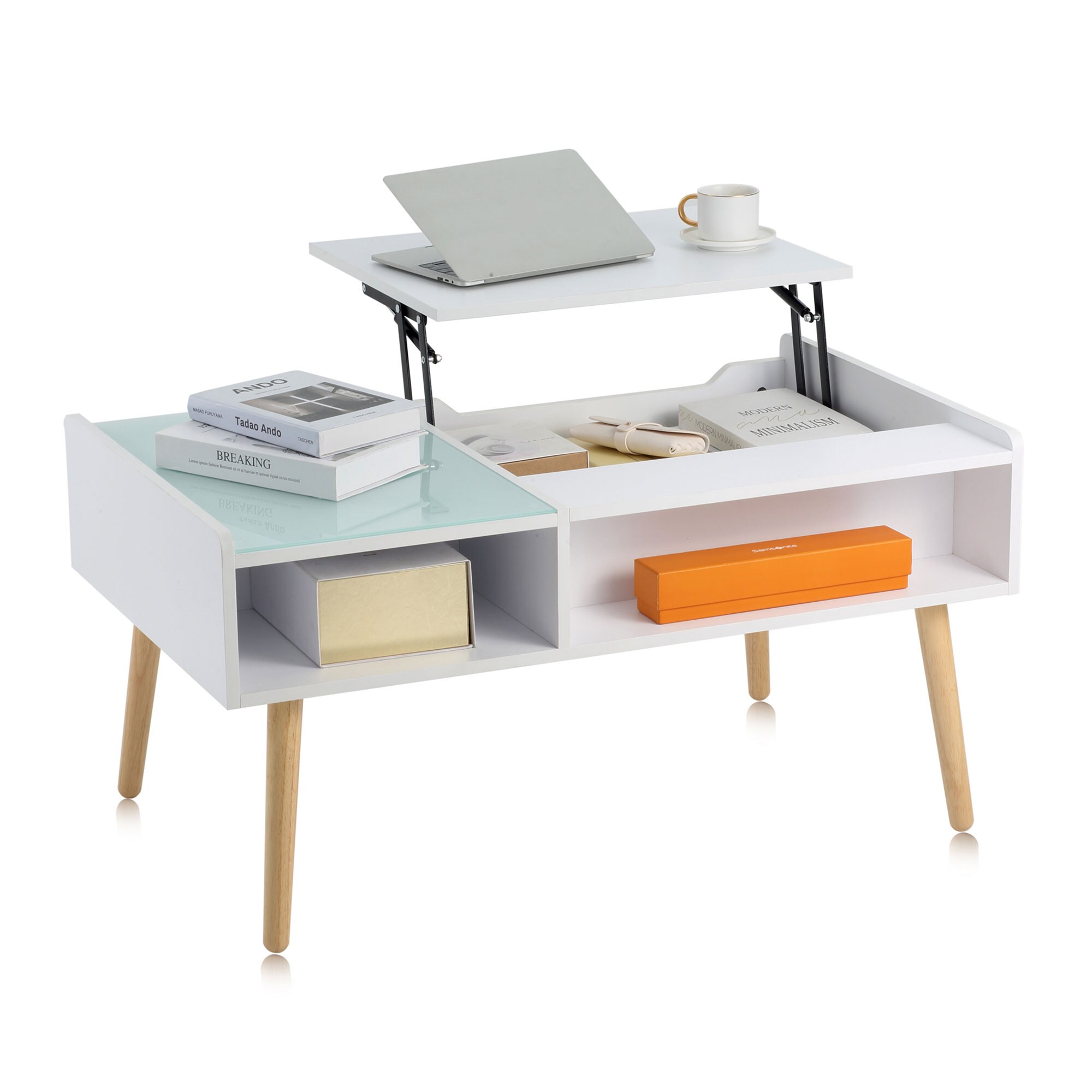Makika Couchtisch / Wohnzimmertisch mit Glas ausziehbar mit verstecktem Fach in Weiß