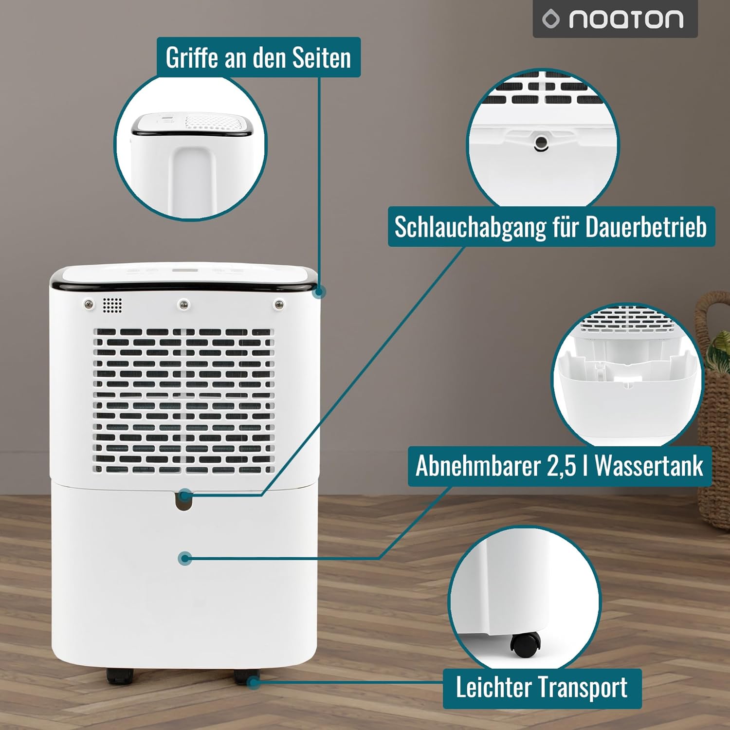 Déshumidificateur Noaton DF 4112, max 13L/24h, taille de la pièce env. 65 m³ (~25 m²), 190 W, réservoir d'eau de 2,5l, tuyau d'évacuation, minuterie, avec capteur d'humidité - Contre la moisissure