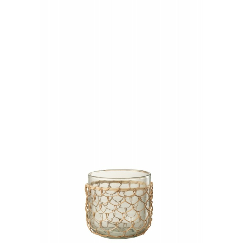Photophore avec filet rotin en verre transparent 13x13x13 cm