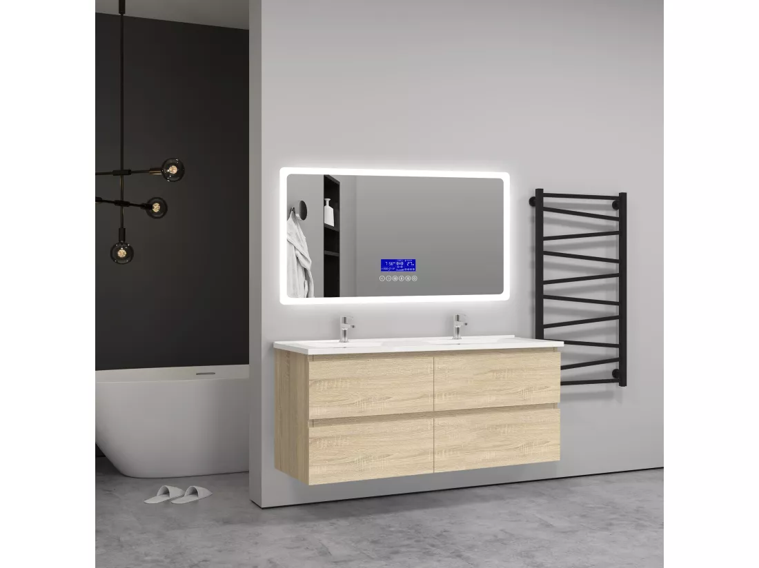 Meuble salle de bain naturel avec 4 tiroirs à une fermeture amortie avec deux vasques à suspendre 120x46x52(L*W*H)cm
