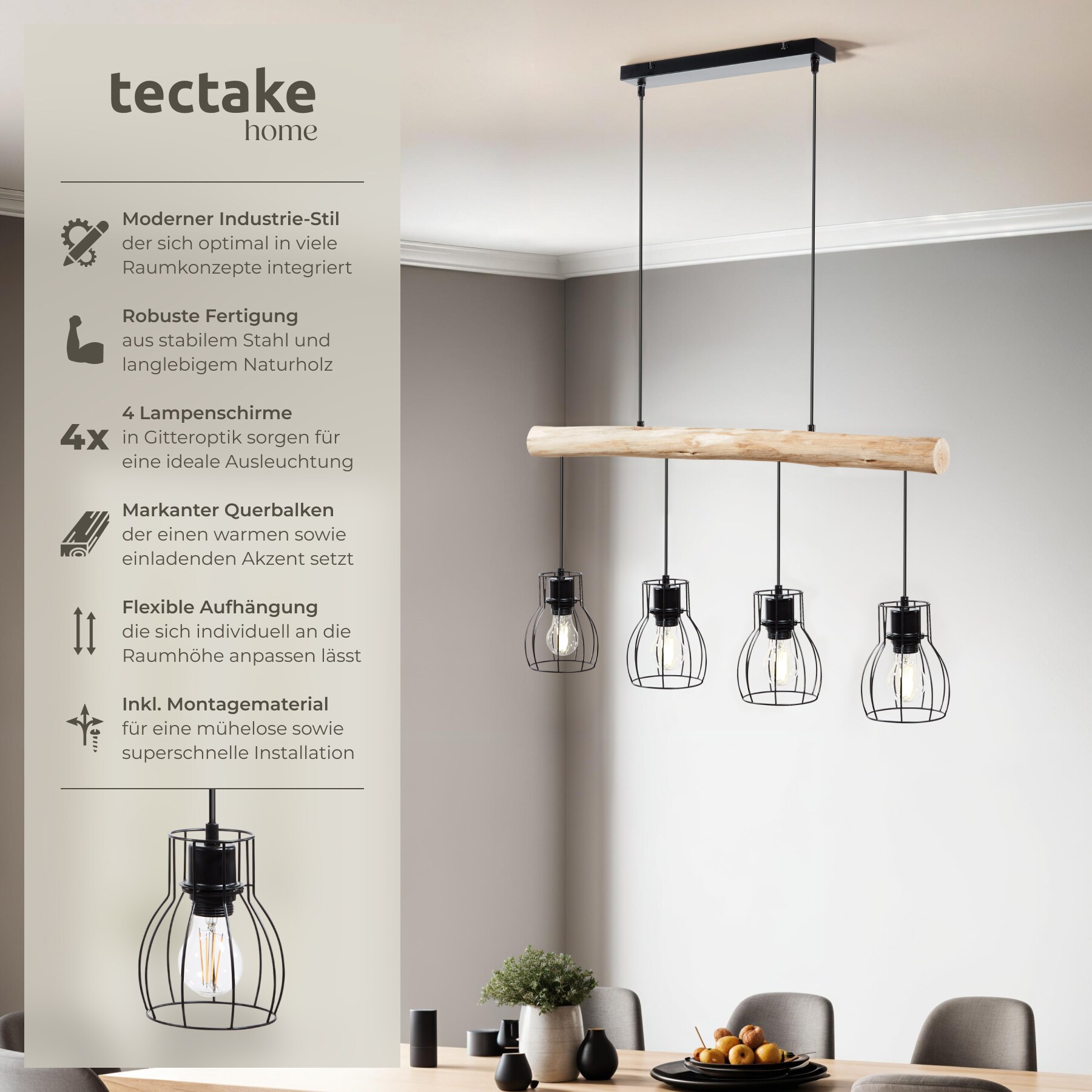 tectake® Pendelleuchte, 4-flammig, 4x E27, 40 W, massiver Holzbalken, Gitter-Lampenschirme, 82 x 13,5 x 140 cm
