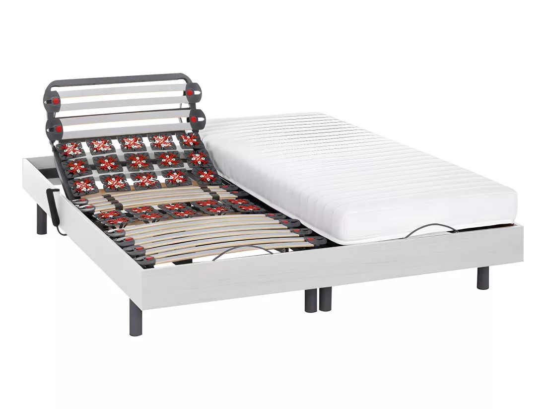 Lit électrique de relaxation lattes et plots + matelas accueil latex - 2 x 90 x 200 cm - Blanc - PANDORA II de YSMÉE