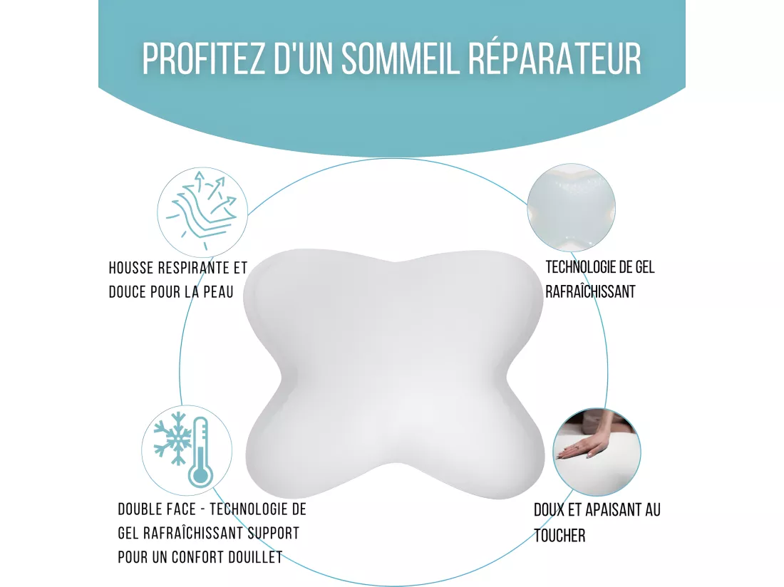 Oreiller Papillon Rafraîchissant 53x43 Double Face, Gel Refroidissant, Mémoire de Forme- PURE