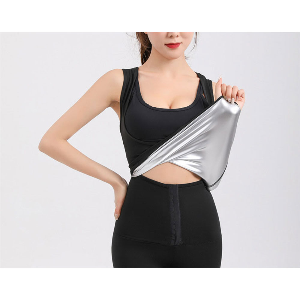 (Gr. L) Elastisches Thermo Sport Tanktop Ärmelloses Schwitz T-Shirt für Frauen - Schwarz