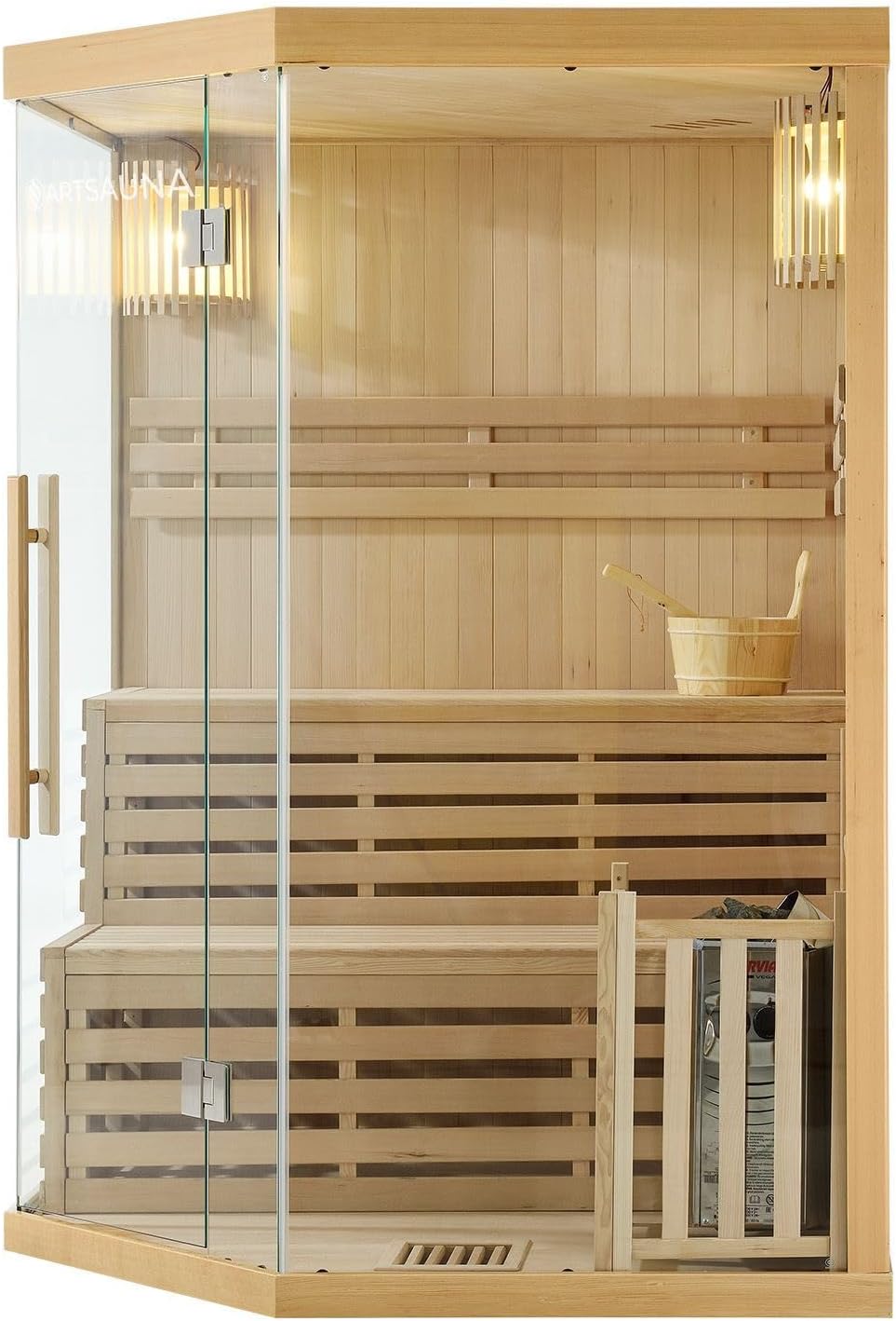 Artsauna Saunakabine Espoo150 Premium mit Harvia Ofen — 3 Personen — Hemlock Holz, Glasfront und LED Licht — Inkl. Thermometer & Sanduhr —Komplett Set