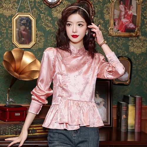 Dragan Pulse - Blouse met pofmouwen en hoge hals, jacquardmotief en kikkermotief, met knopen