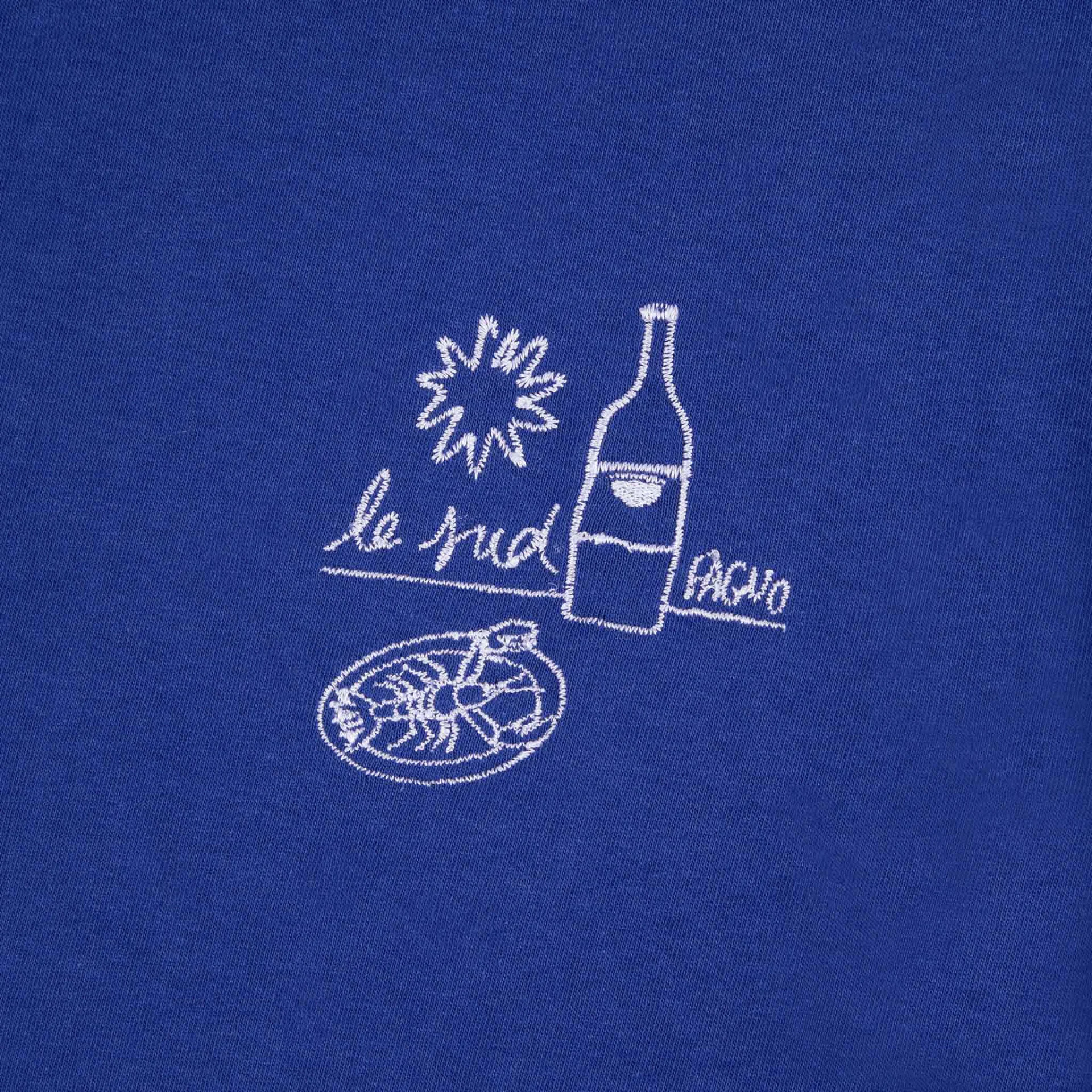 T-shirt bleu indigo broderie le sud coton et coton recyclé - modèle lugny