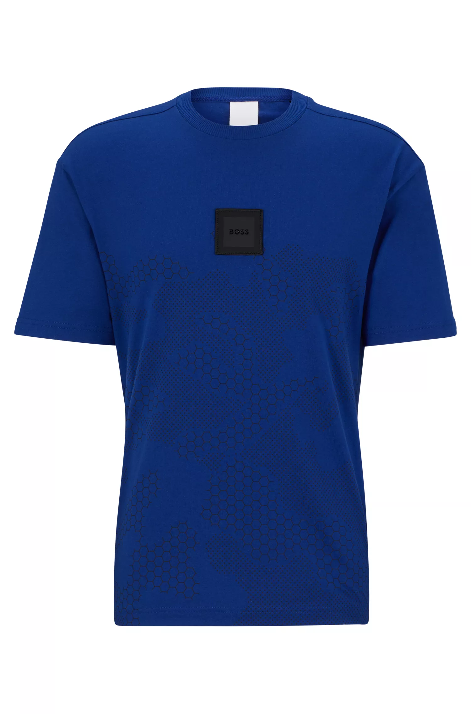 Camiseta BOSS verde em malha de algodão com estampa camuflada e emblema com o logotipo.