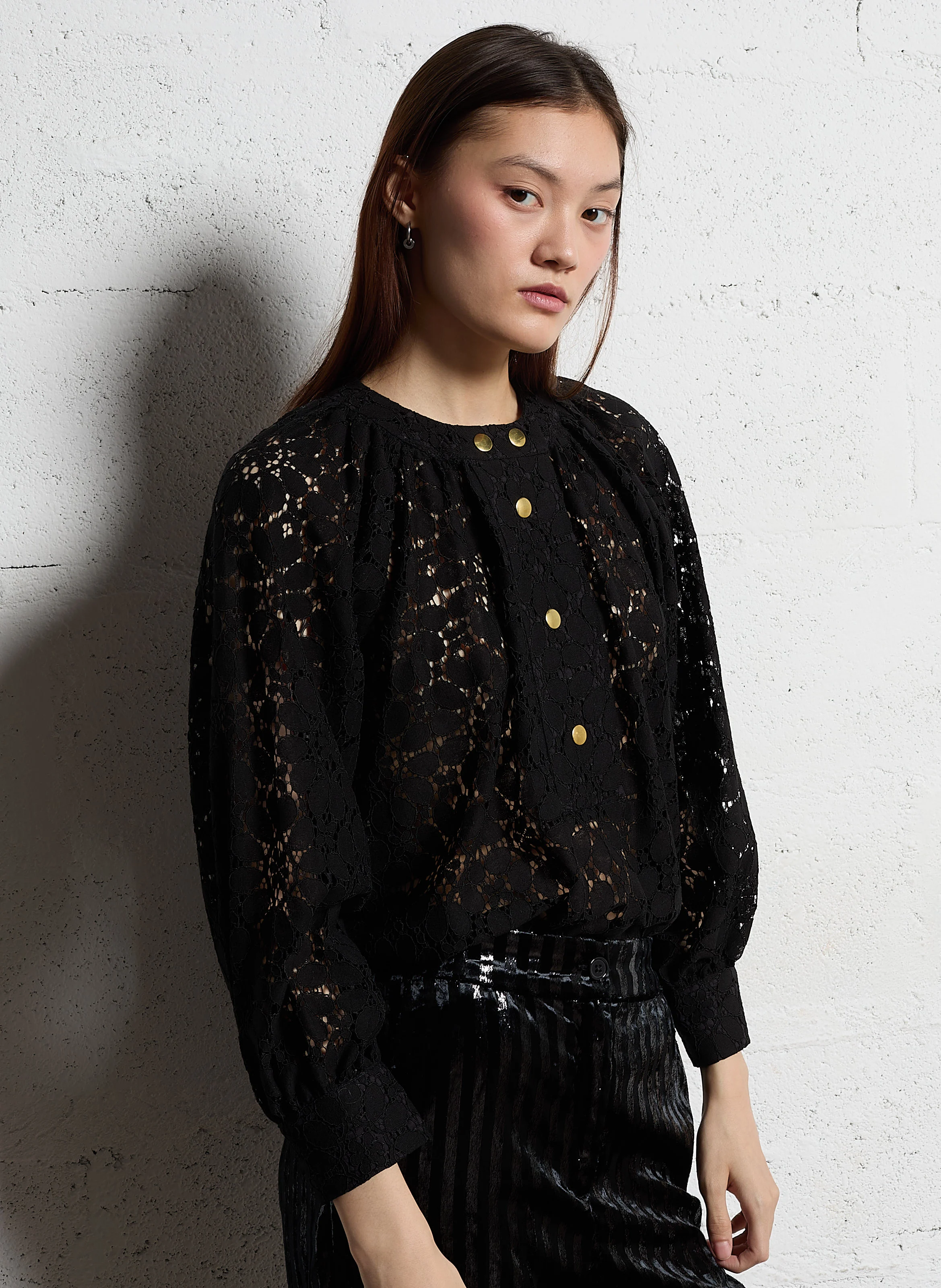 ALPHONSE - Blouse ample col rond à dentelle | Noir