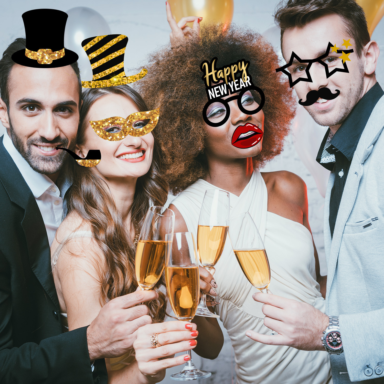 (22er Set) Photo Booth Fotorequisiten Party Foto Accessoires Dekorationen für lustige Bilder - Silvester