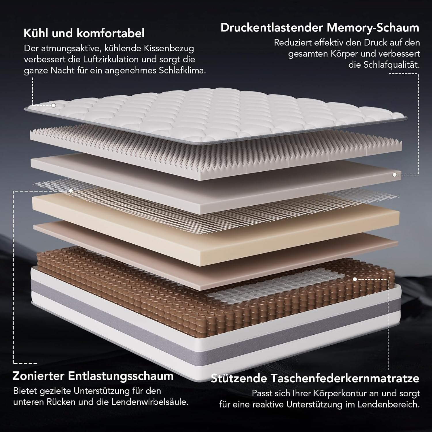 Matratze 100x200 cm–7-Zonen-Taschenfederkernmatratze, beidseitig nutzbar, Härtegrad H3/H4，25 cm hoch, mit Memory-Schaum, Oeko-TEX Zertifiziert 100 Nächte Probeschlafen
