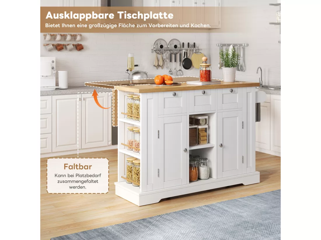 Ilot central de cuisine mobile avec 3 tiroirs, 2 portes et étagères - plateau extensible - 132 x 40/70 x 87 cm - Bois MDF - Blanc + naturel