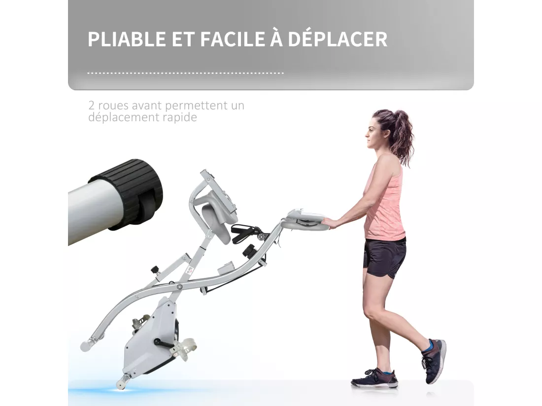 Vélo d'appartement pliant 8 niveaux de résistance magnétique dossier selle réglable poignées ergonomiques écran LCD multifonction suspensions support tablette acier gris