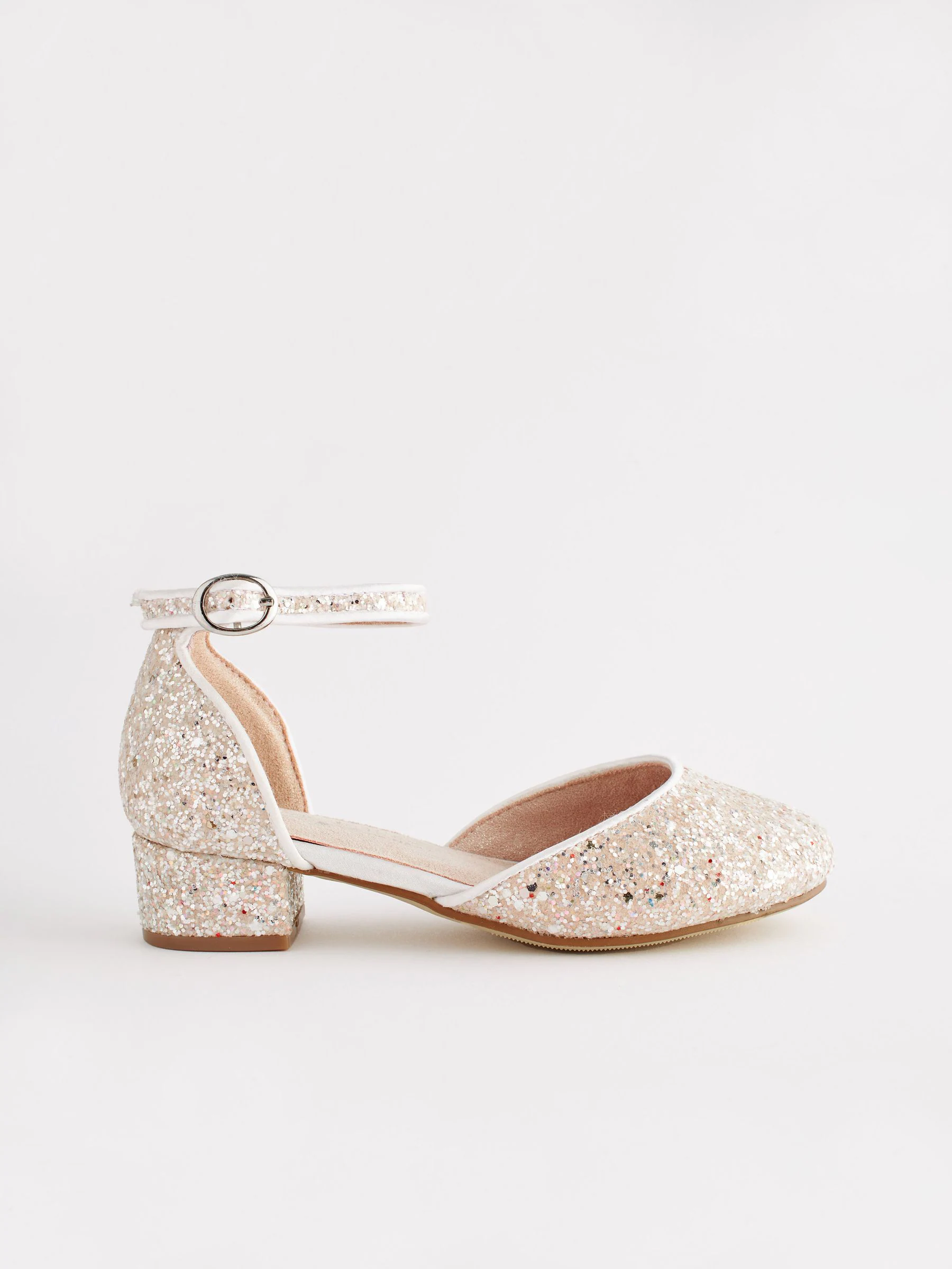 Ivoorkleurig met wit en glitter - Gelegenheidsschoenen met enkelbandje en lage hak