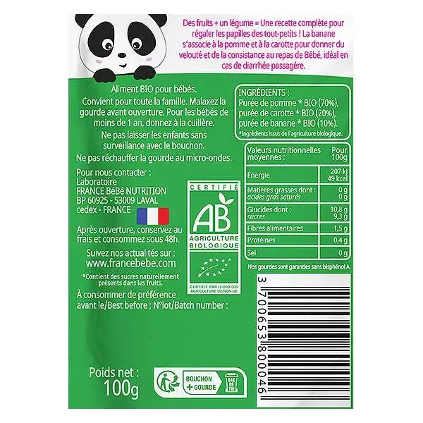 France Bébé Nutrition Bolsa Maçã Banana Cenoura +4m Bio 100g