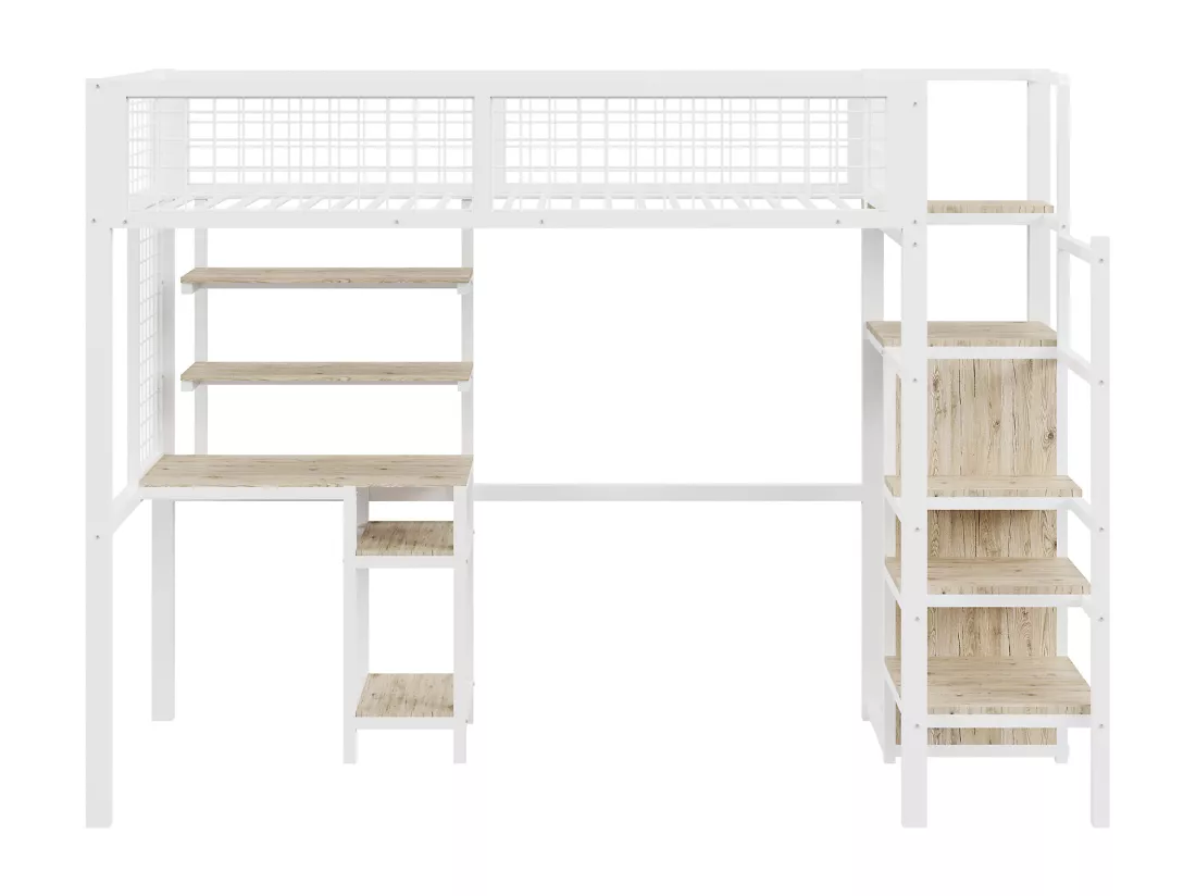 Lit mezzanine 90x200 cm avec bureau, étagères, escalier et armoire - cadre en métal - Blanc