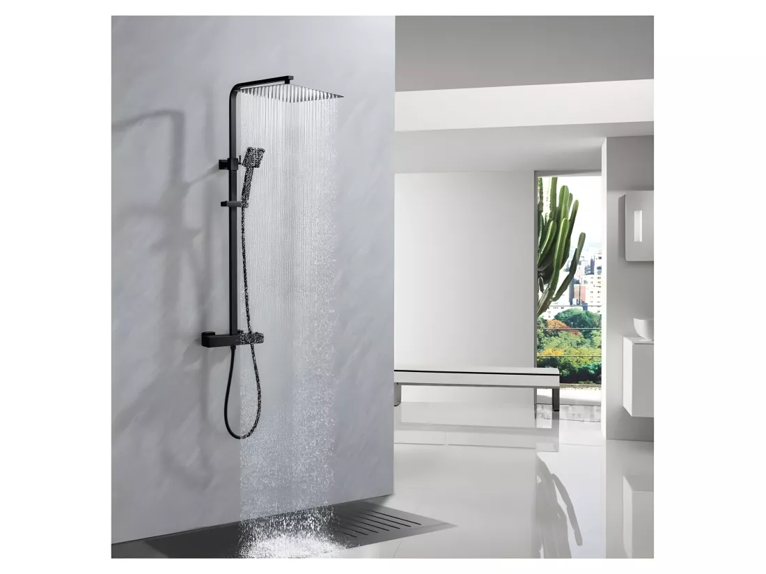 Colonne de douche OCEANIC - Mitigeur thermostatique - Pomme haute carrée 30x30 cm - Noir mat
