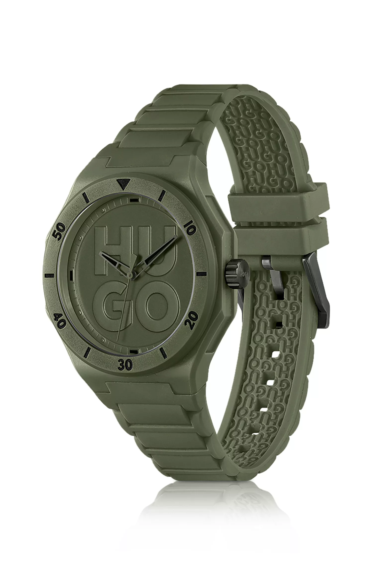 Relógio HUGO vermelho e verde com pulseira de silicone na mesma cor.