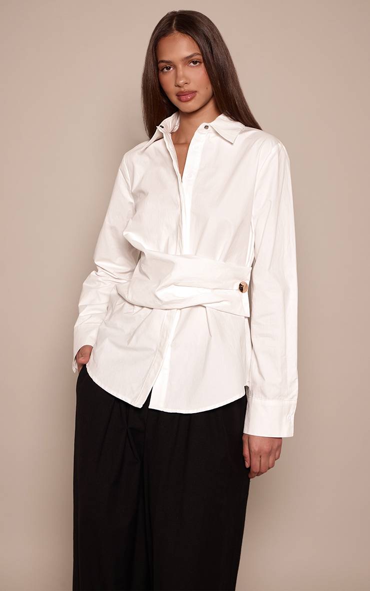 Blanc Chemise Oversize En Coton Avec Détail Drapé Et Finitions Contrastées