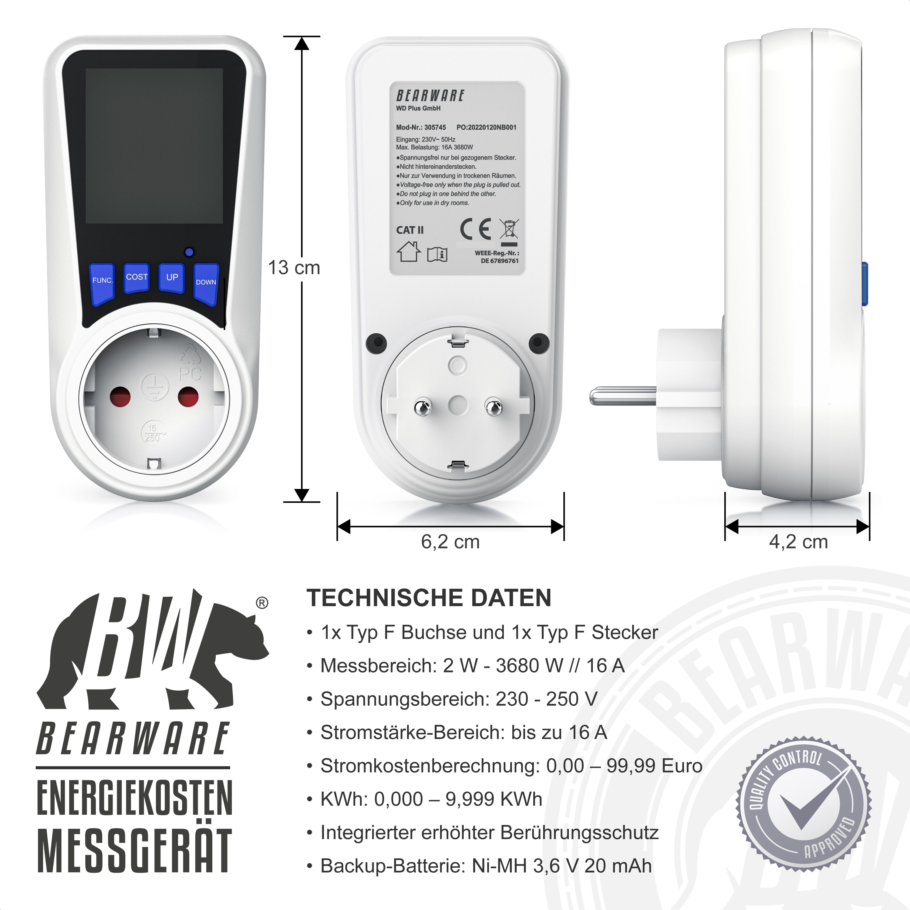 BEARWARE Energiekostenmessgerät Stromkostenmessgerät, max. 3680 W, Stromverbrauchszähler, Stromzähler