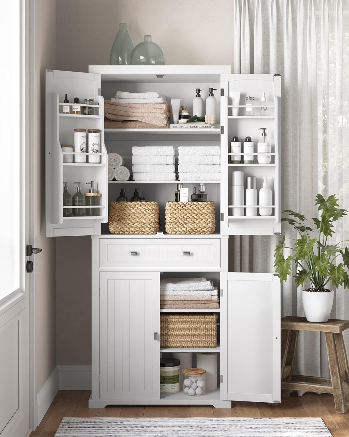 VASAGLE Küchenschrank, Hochschrank Küchenbuffet Vitrinenschrank, Buffetschrank mit Verstellbaren Ablagen, Esszimmerschrank mit Schubladen, für Wohnzimmer Küche, 40 x 76 x 182,1 cm, Weiß BBC561W21