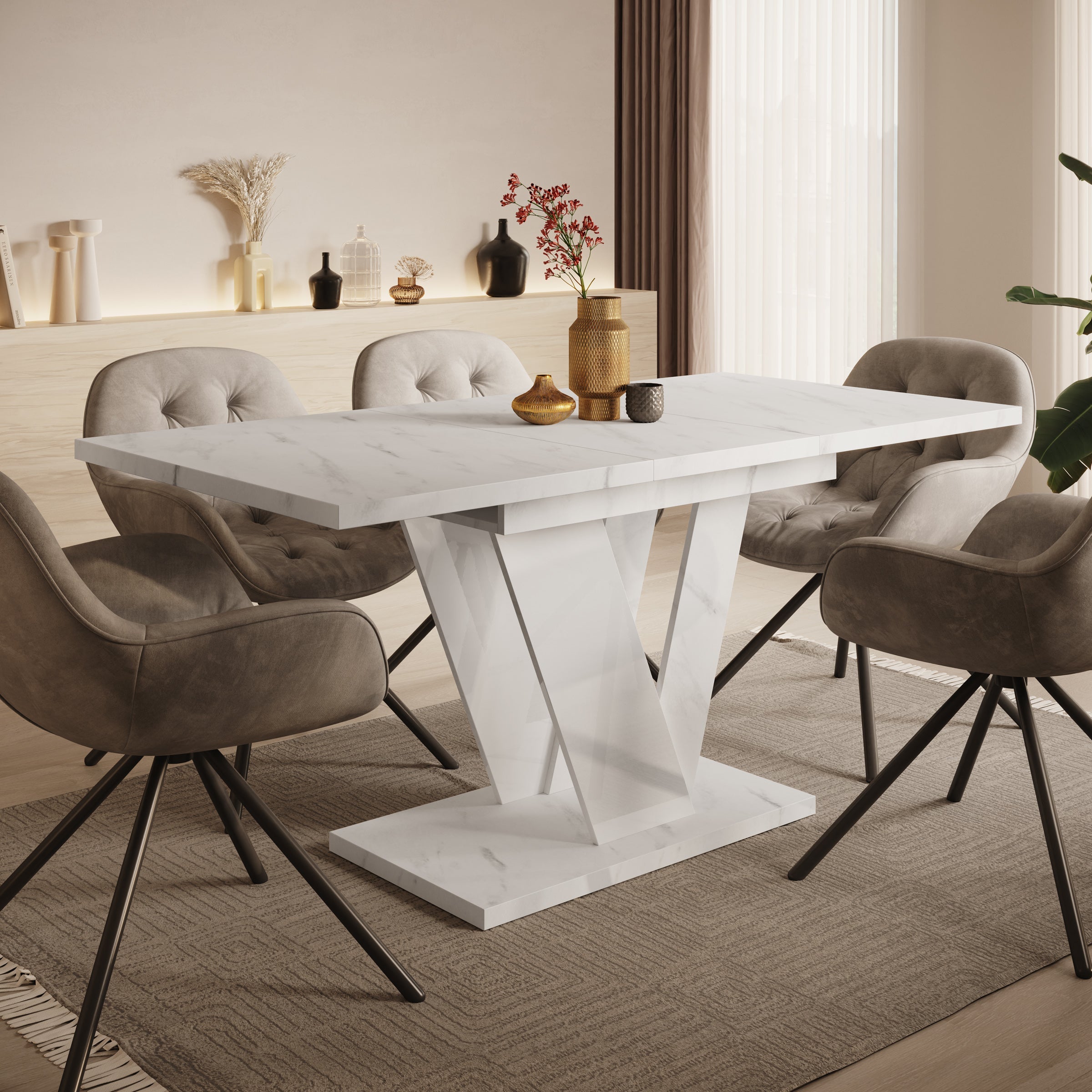 Meubella - Eetkamertafel Dayman - Wit marmer - 160 cm - Uitschuifbaar