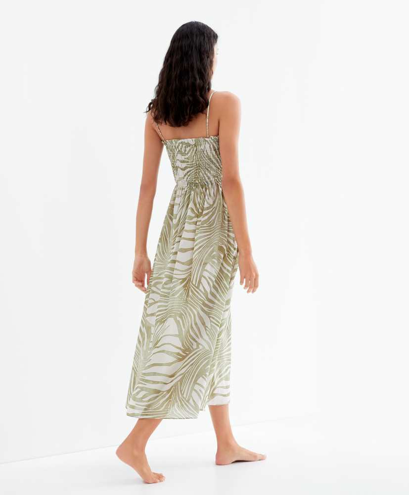 Vestido midi estampado em 100% algodão com alças.