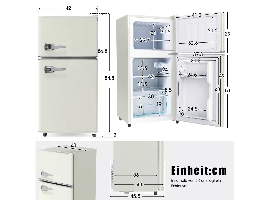 Mini Réfrigérateur - 22L congélateur + 38L réfrigérateur - 42.5x45.5x86.8cm - 163 kWh/an, lumière LED - Classe F -Blanc