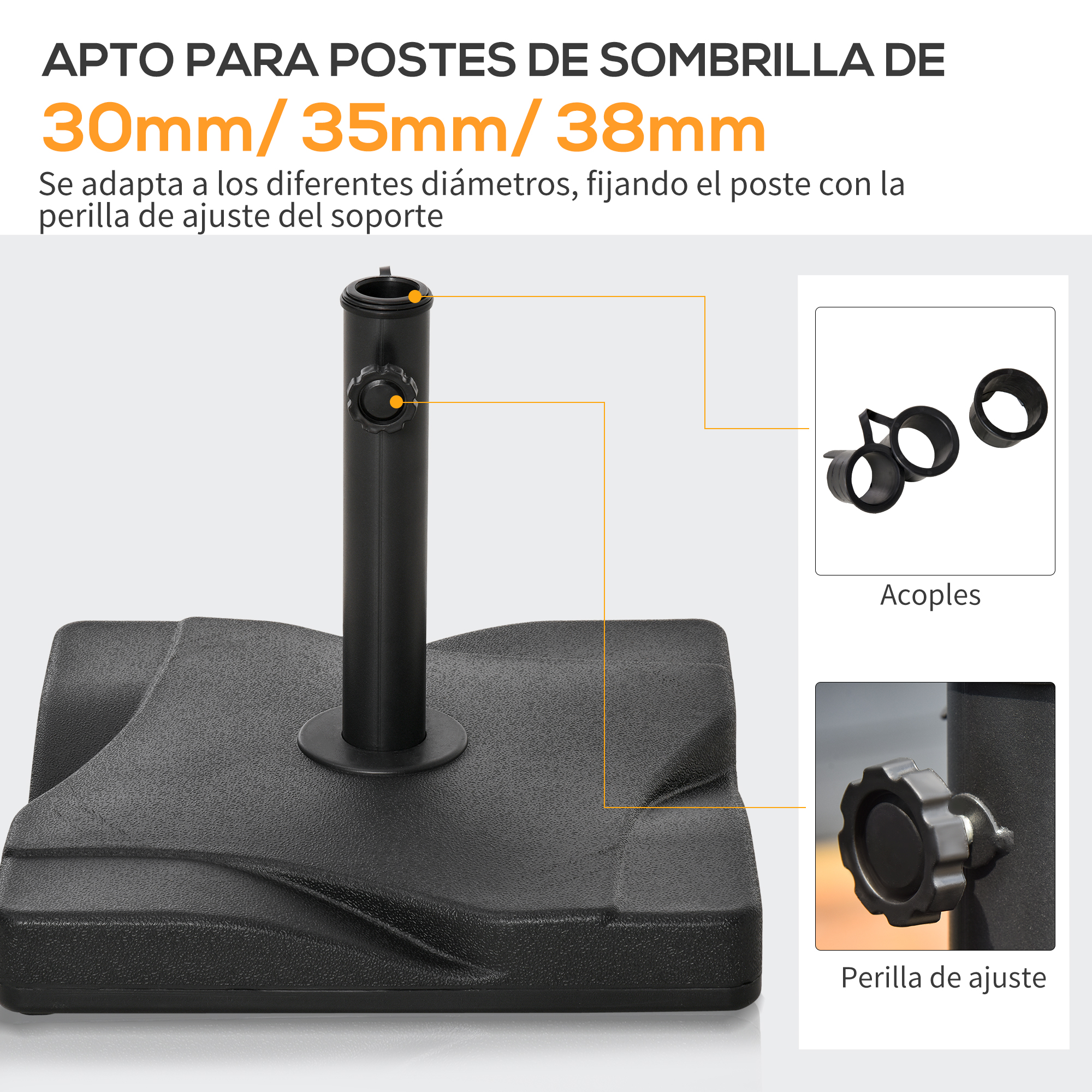 Base para guarda-sol de jardim Outsunny, peso 20 kg, adequada para vários diâmetros de mastro: Ø32 mm, Ø38 mm, Ø48 mm, preenchida com cimento estável, 41,5 x 41,5 x 33 cm, preta.