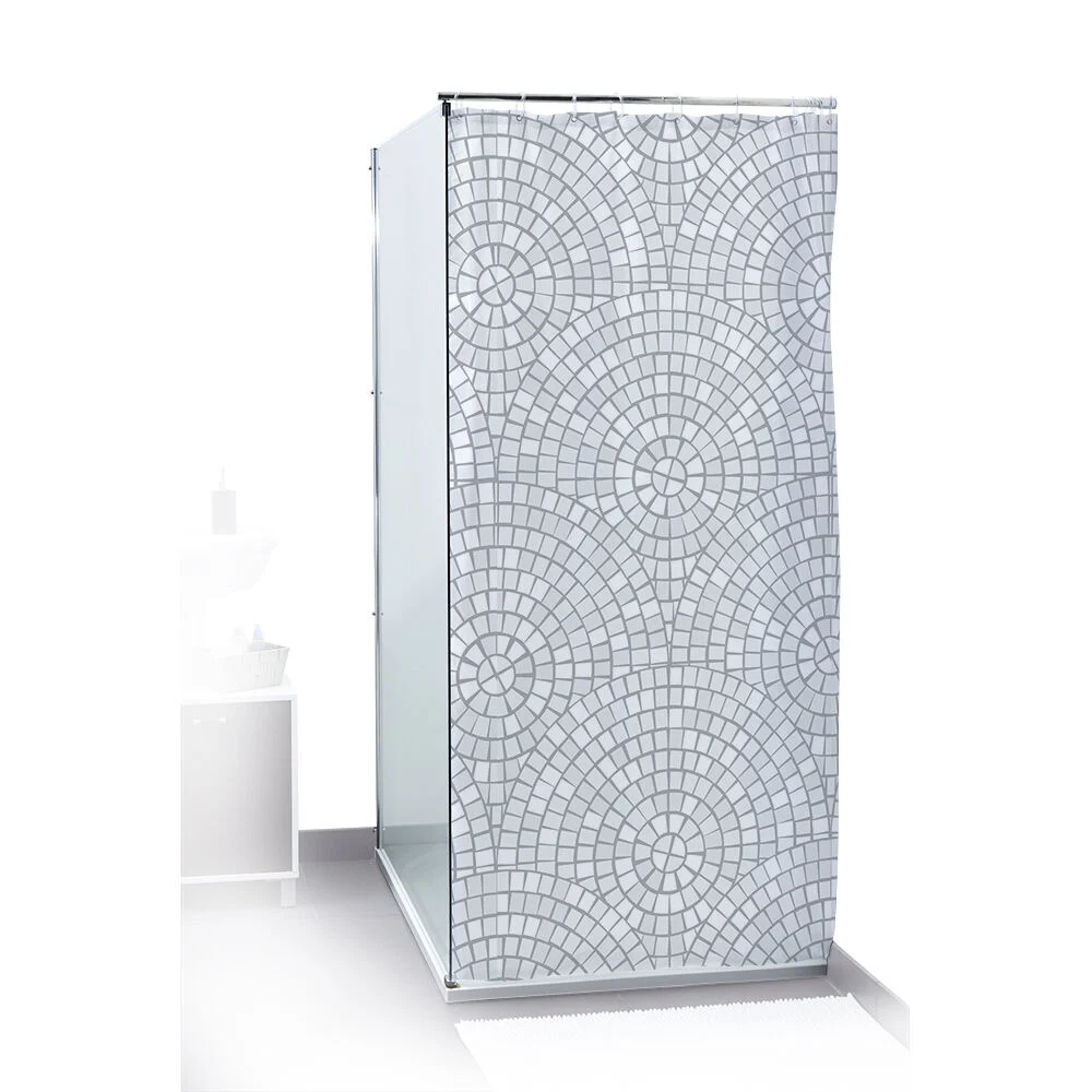 Rideau de douche motif mosaïque rosace blanc et gris 180x200cm