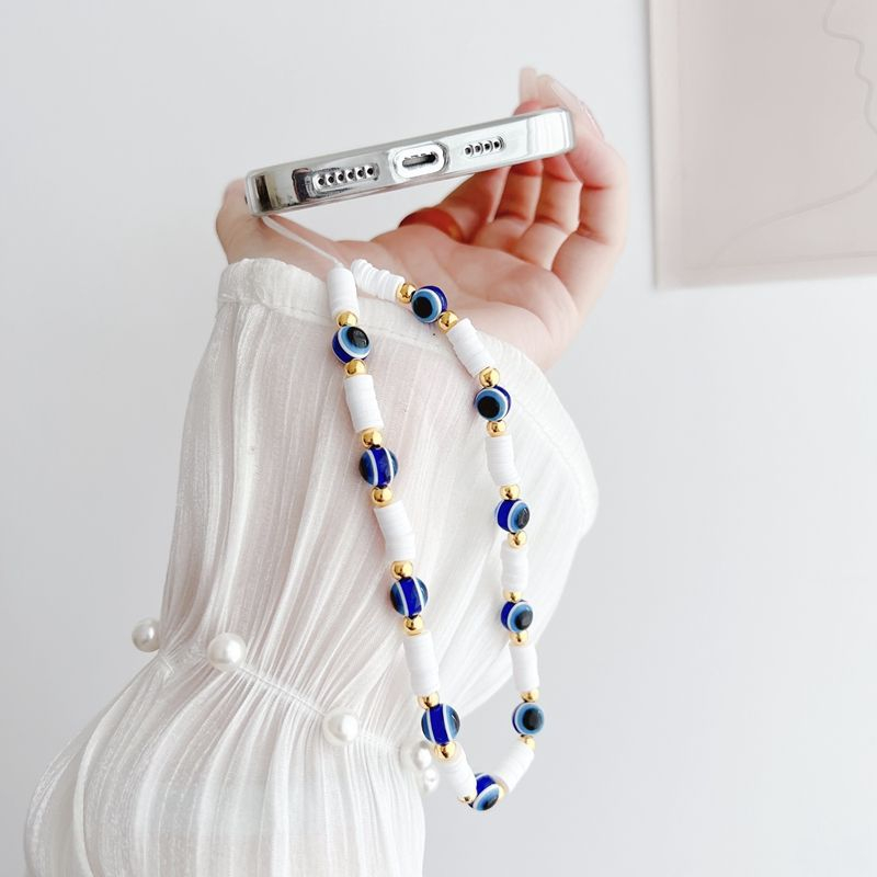 (21cm) Universal Handy Kette Phone Charms Schmuck Anhänger Handgelenkschlaufe mit Nazar Auge - Weisse Steine