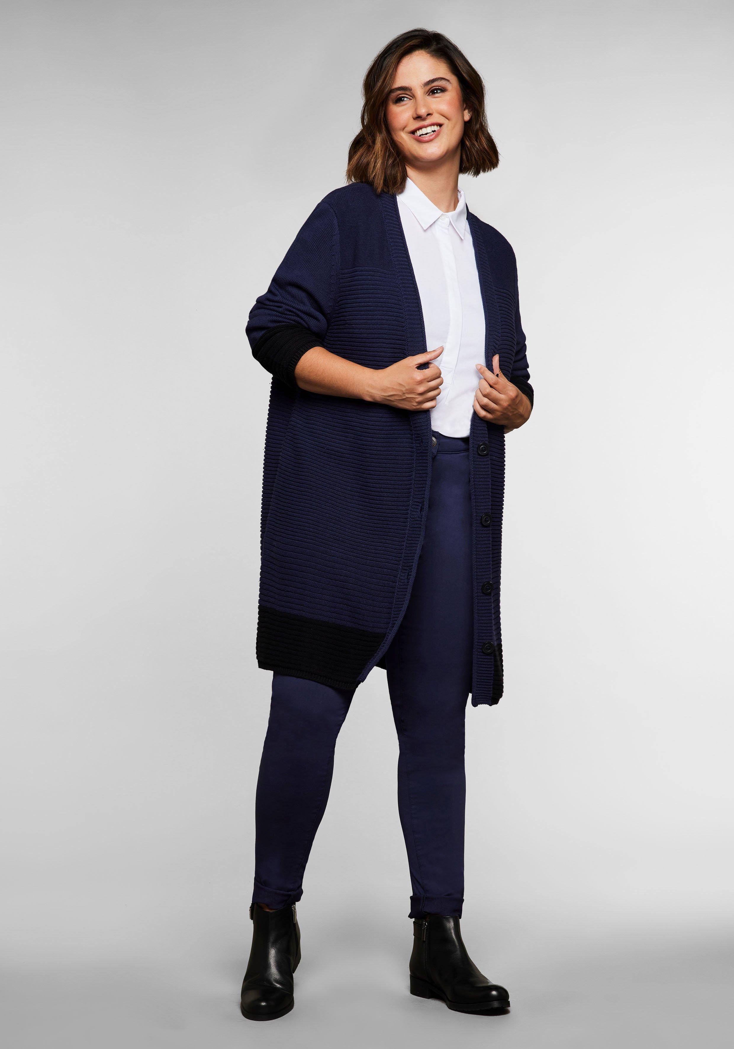 Longstrickjacke im Rippstrick, mit Blockstreifen