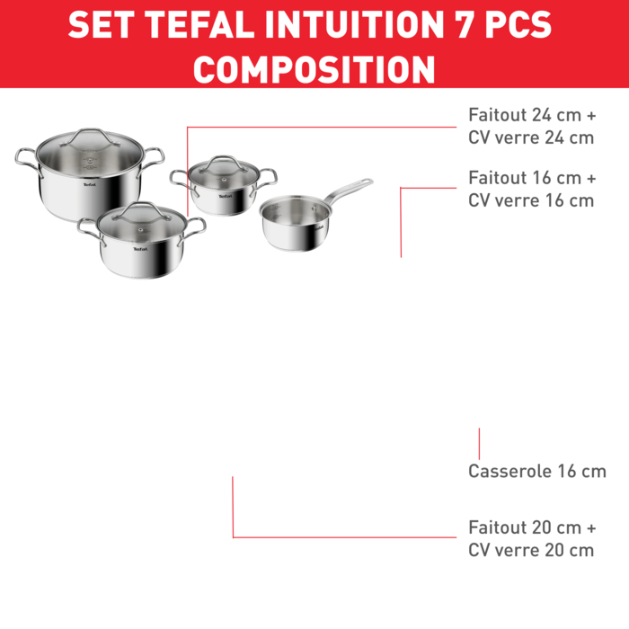 Intuition Set 7 pcs Casserole 16 cm, Faitouts 16/20/24 cm + couvercles