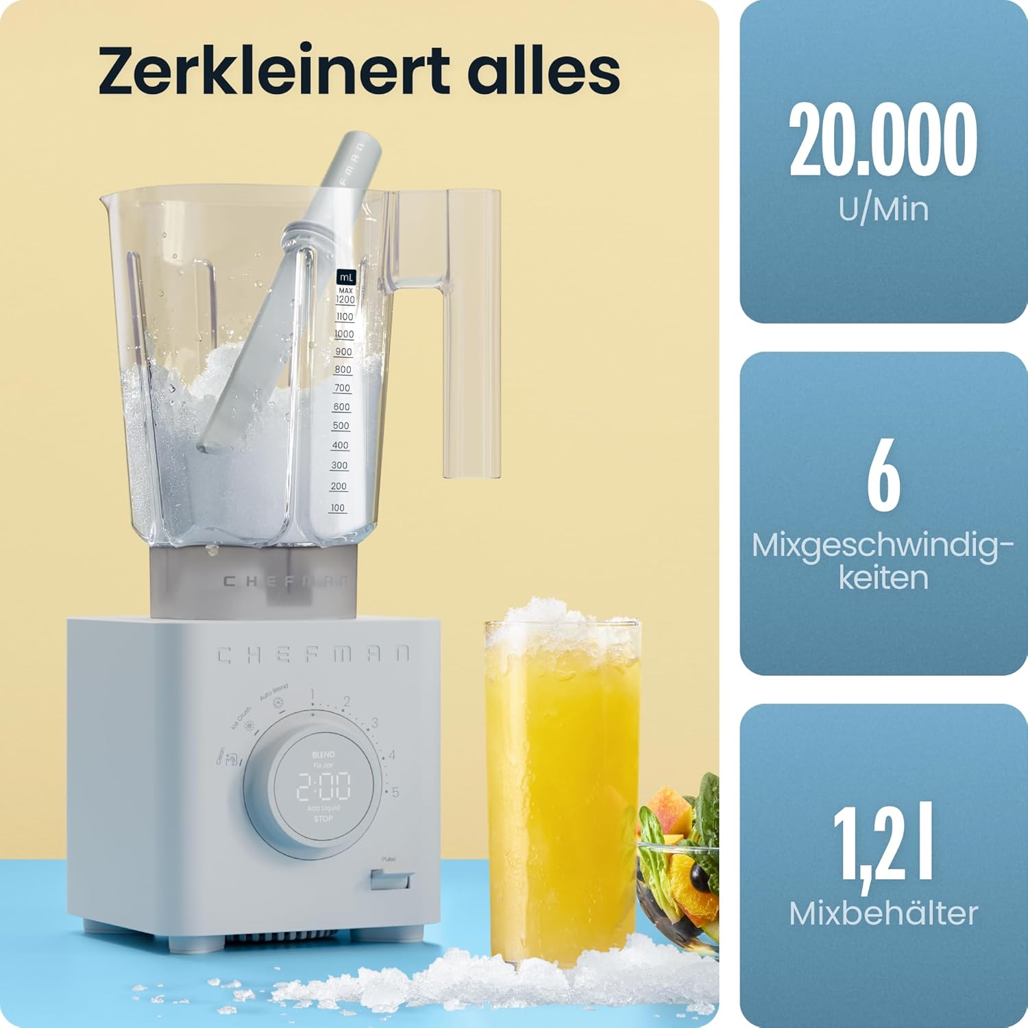 Chefman Obliterator 1.2L Standmixer für Smoothies, 1350W Motor zum Zerkleinern von Eis, Nüssen und gefrorenen Früchten mit Edelstahlklinge, Auto Blend Funktion, inkl. 600ml Reisebehälter – Betongrau
