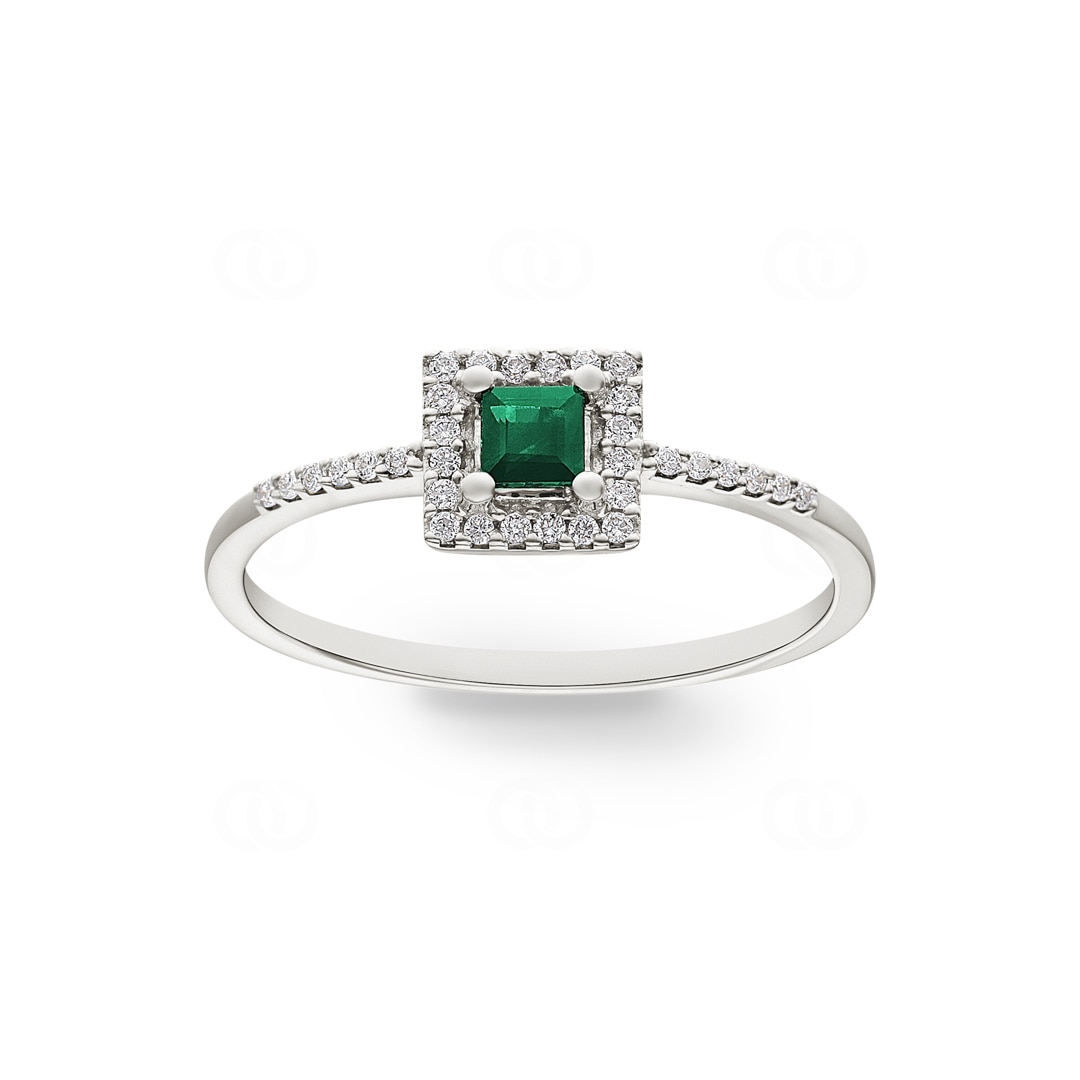 Damenring 750/18 K Weissgold mit Smaragd und Diamanten 0.09 ct H/si
