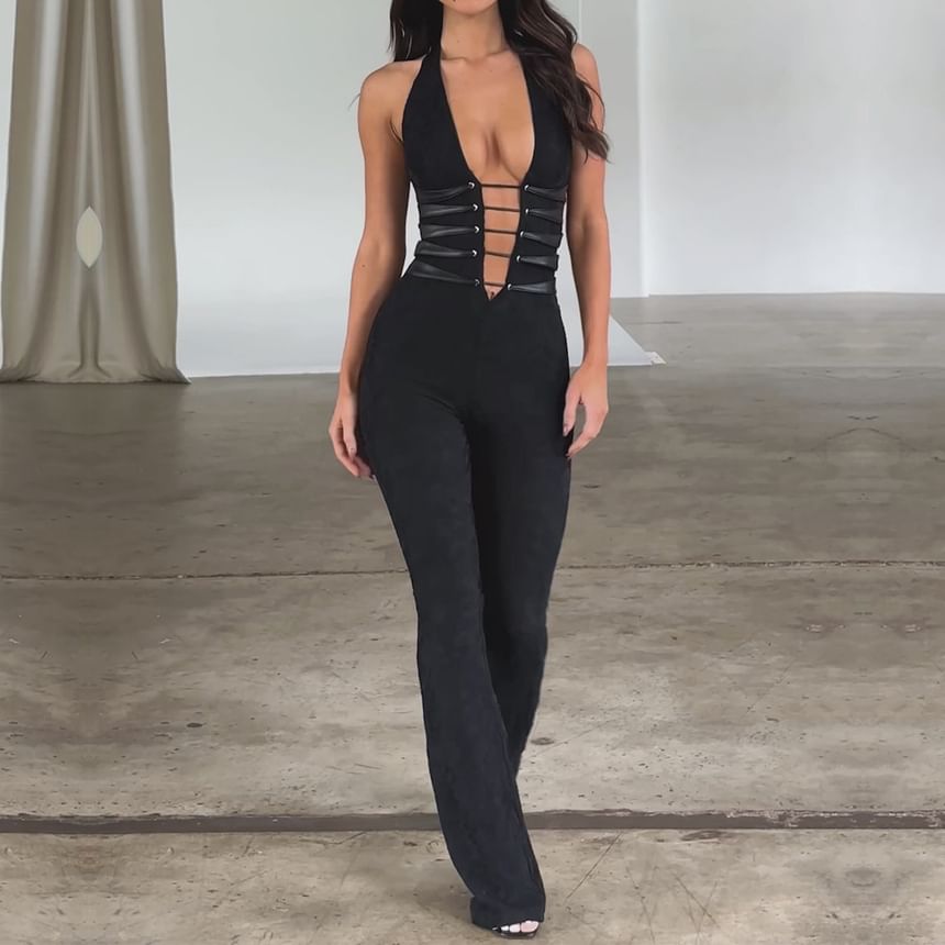 Genrovia - Halter V-hals jumpsuit met effen patroon