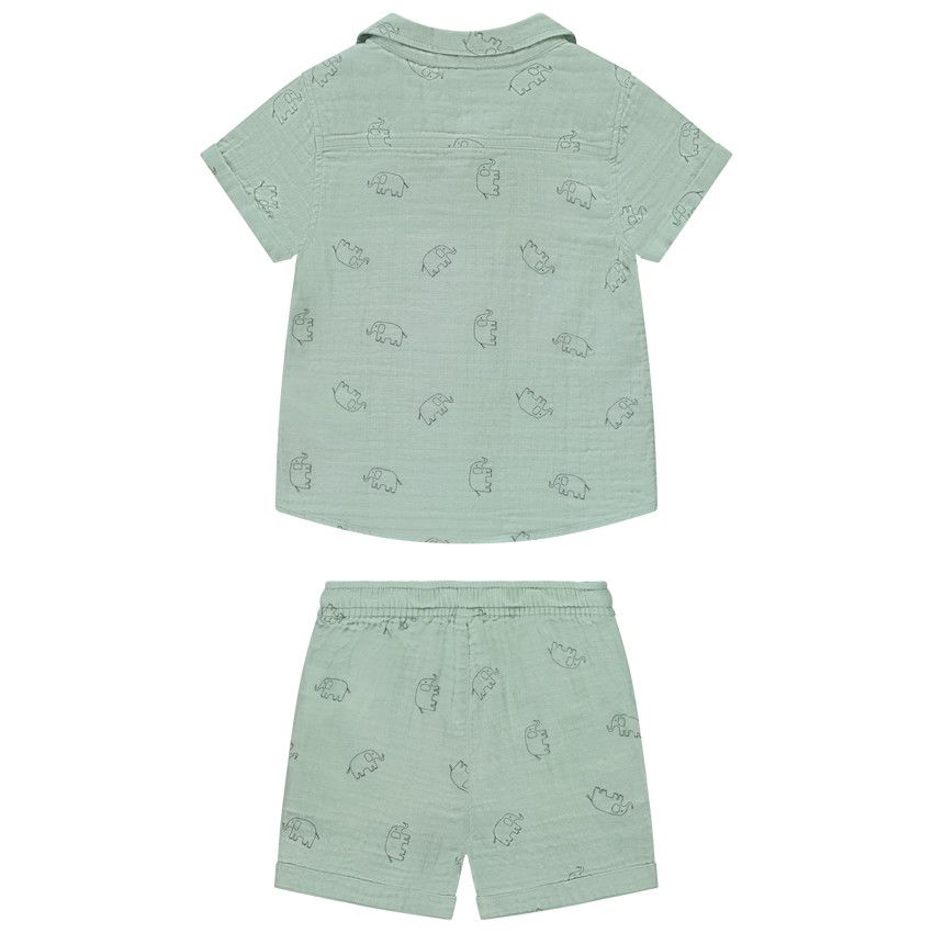 Ensemble 2 pièces double gaze imprimé éléphants pour bébé garçon - Vert