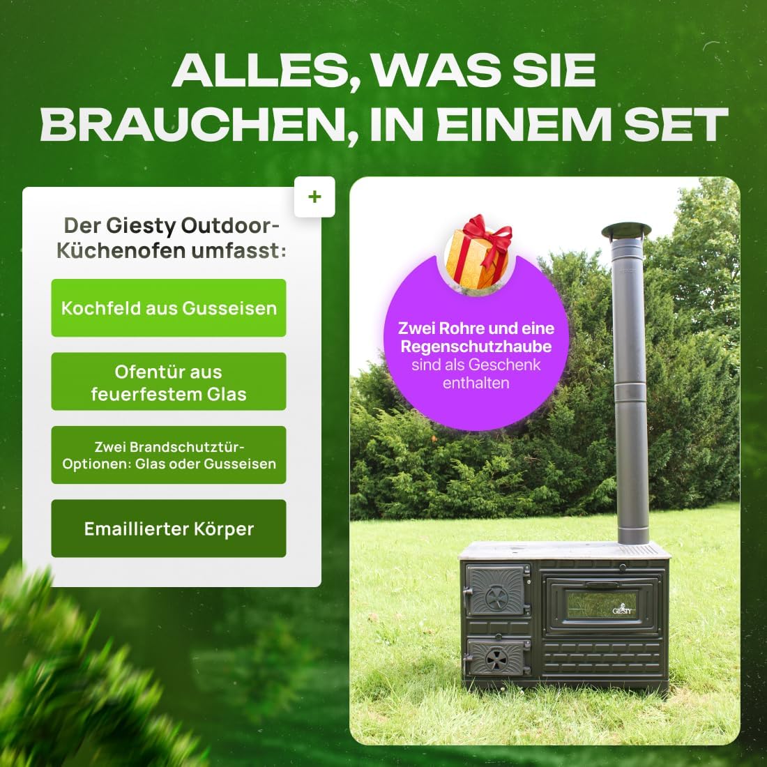 Outdoor-Küchenofen Terrassenofen, Holzofen mit Holz und Holzkohle, Garten-Kamin, Outdoor-Küchenherd, Kuzine Soba (Glastür+2 Rohre+wasserdichte Abdeckung)