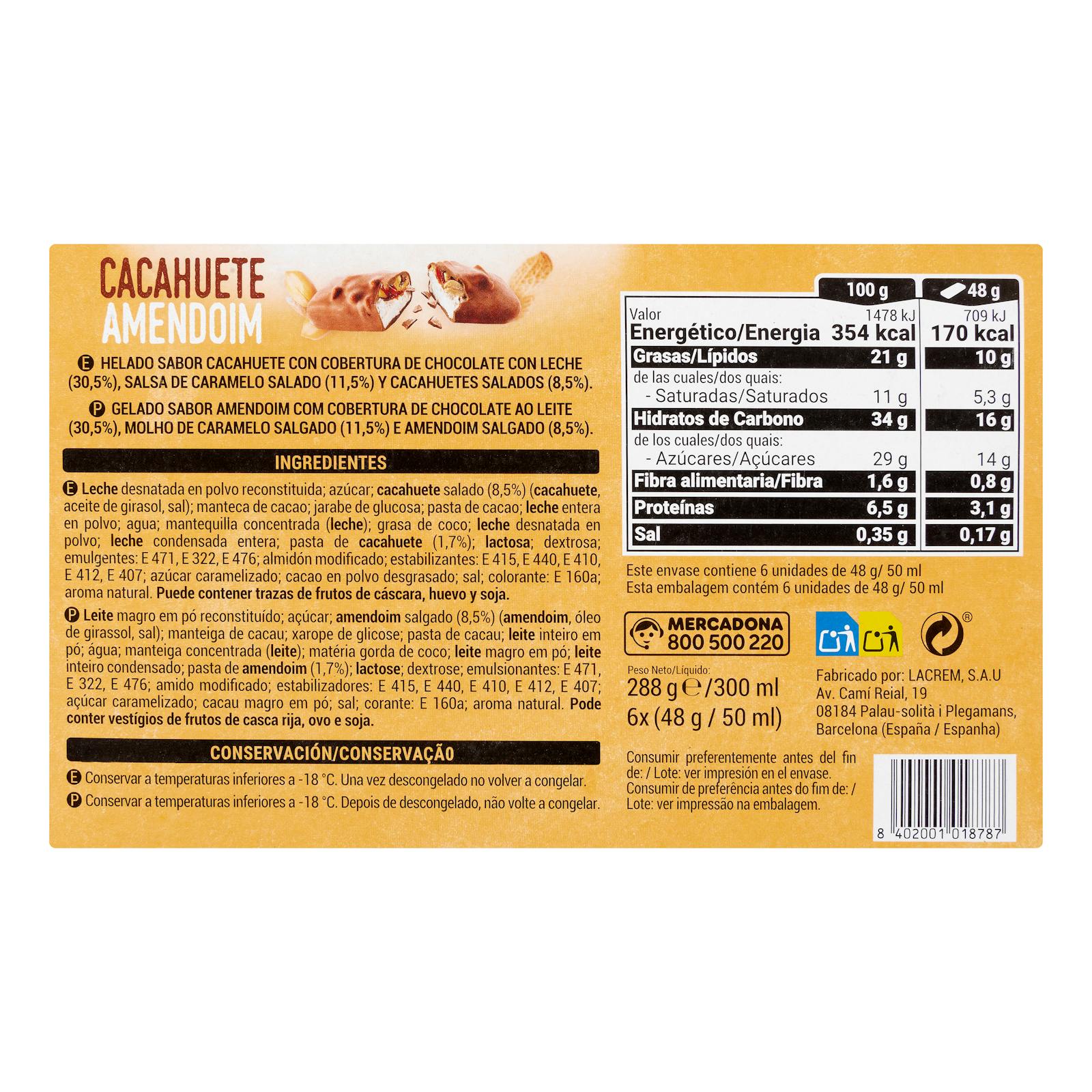 Barre de crème glacée Hacendado au goût de cacahuète avec enrobage de chocolat au lait