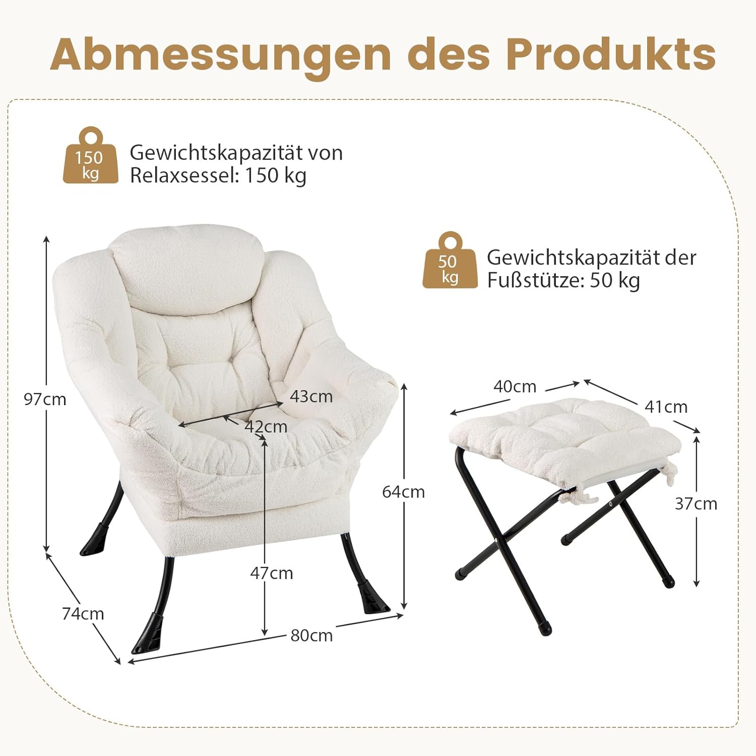 COSTWAY Sessel mit Hocker, Relaxsessel mit Armlehnen, Seitentasche & Fußstütze, Loungesessel, Fernsehsessel, gepolsterter Ohrensessel für Wohnzimmer, Schlafzimmer, Büro (Beige)