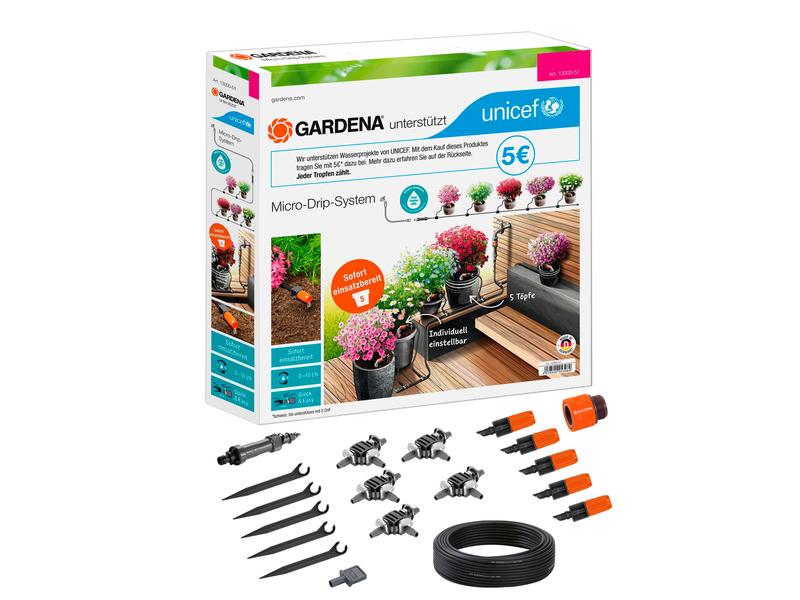 GARDENA Start-Set Tropfbewässerung für Pflanztöpfe Micro-Dr Gardena supports UNICEF – Bewässerungssystem für bis zu fünf Töpfe