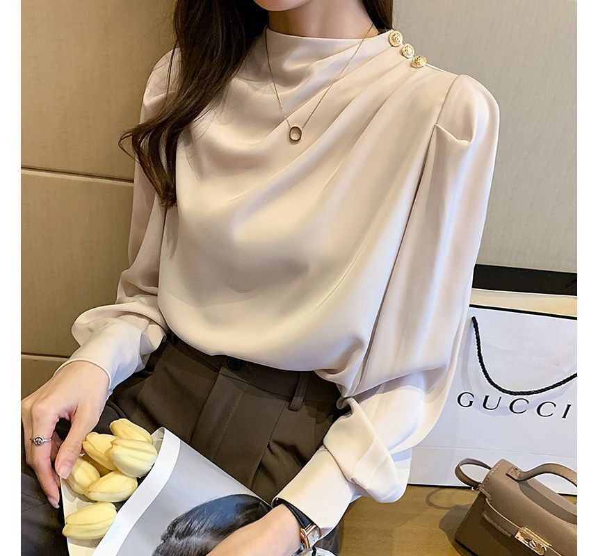 Aurora - Blouse met lange mouwen en mockneck, effen gerimpeld en knoopjes
