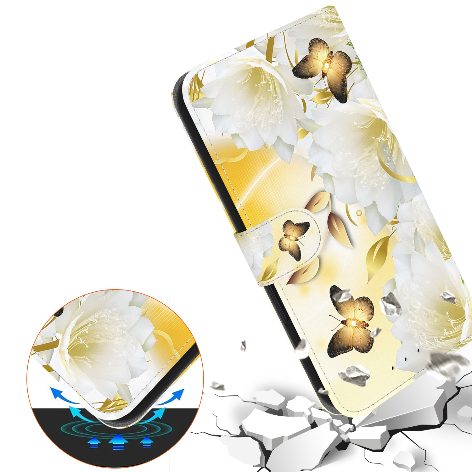 Samsung Galaxy S24 FE Leder Tasche mit Kartenfach   Handschlaufe - Goldene Schmetterlingsblumen